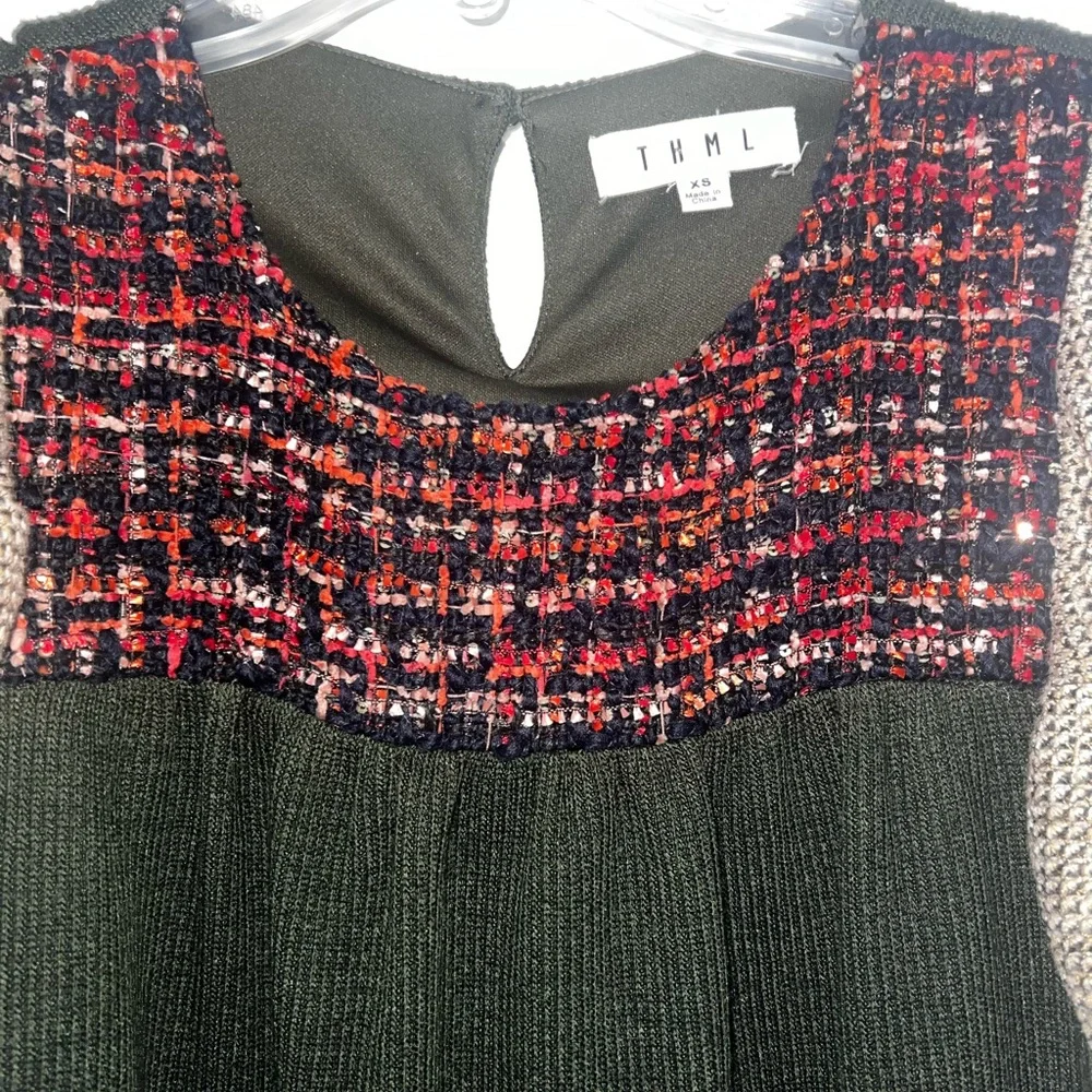 THML Dark Green Knit Sweater Dress with Red-Black Tweed Bodice - Picture 2 of 3